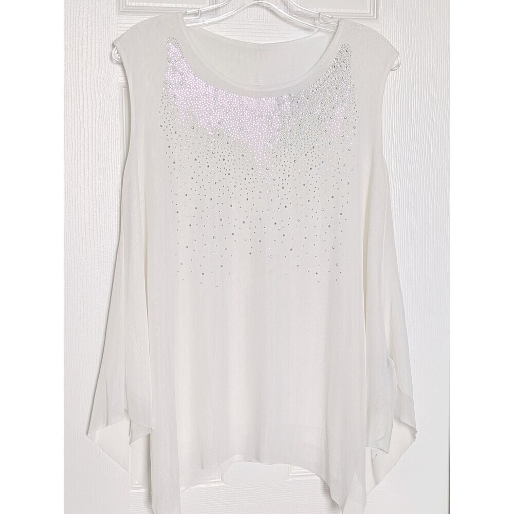 NWT Women's White Sleeveless Chiffon Blouse w/Rhinestones & Assymetrical Hem